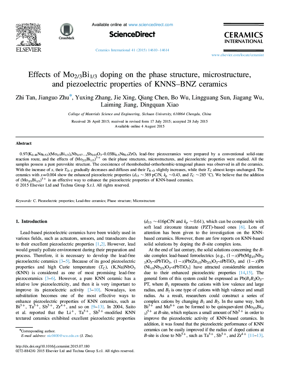 Effects of Mo2/3Bi1/3 doping on the phase structure, microstructure, and piezoelectric properties of KNNS–BNZ ceramics