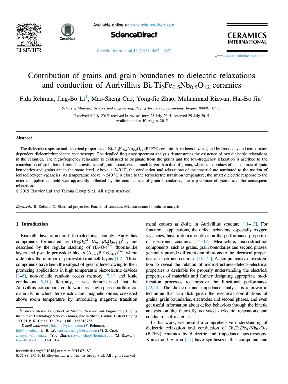 Contribution of grains and grain boundaries to dielectric relaxations and conduction of Aurivillius Bi4Ti2Fe0.5Nb0.5O12 ceramics