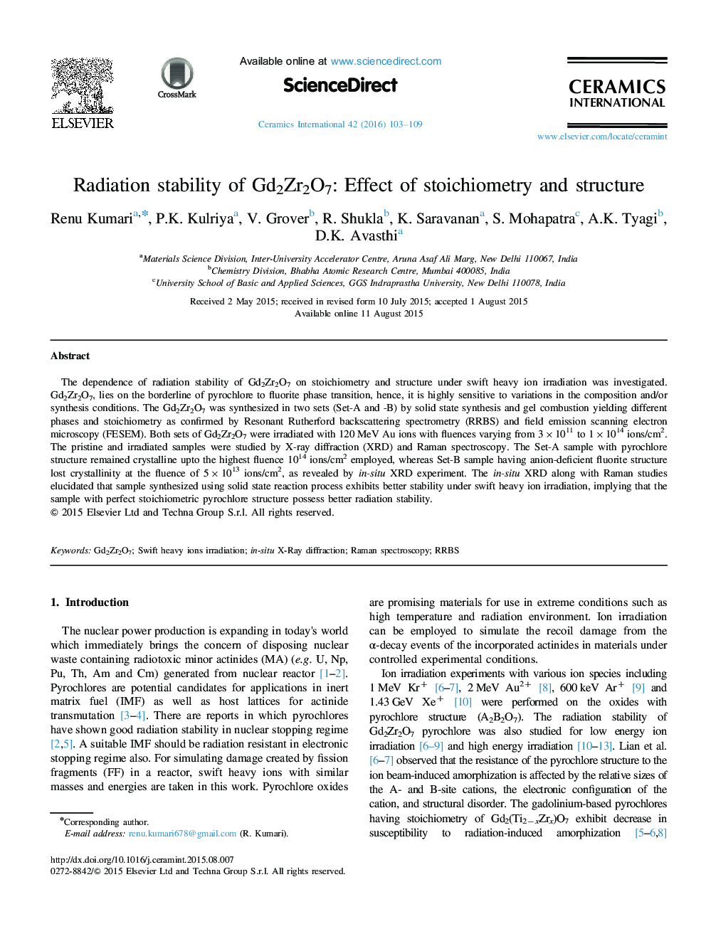 Radiation stability of Gd2Zr2O7: Effect of stoichiometry and structure