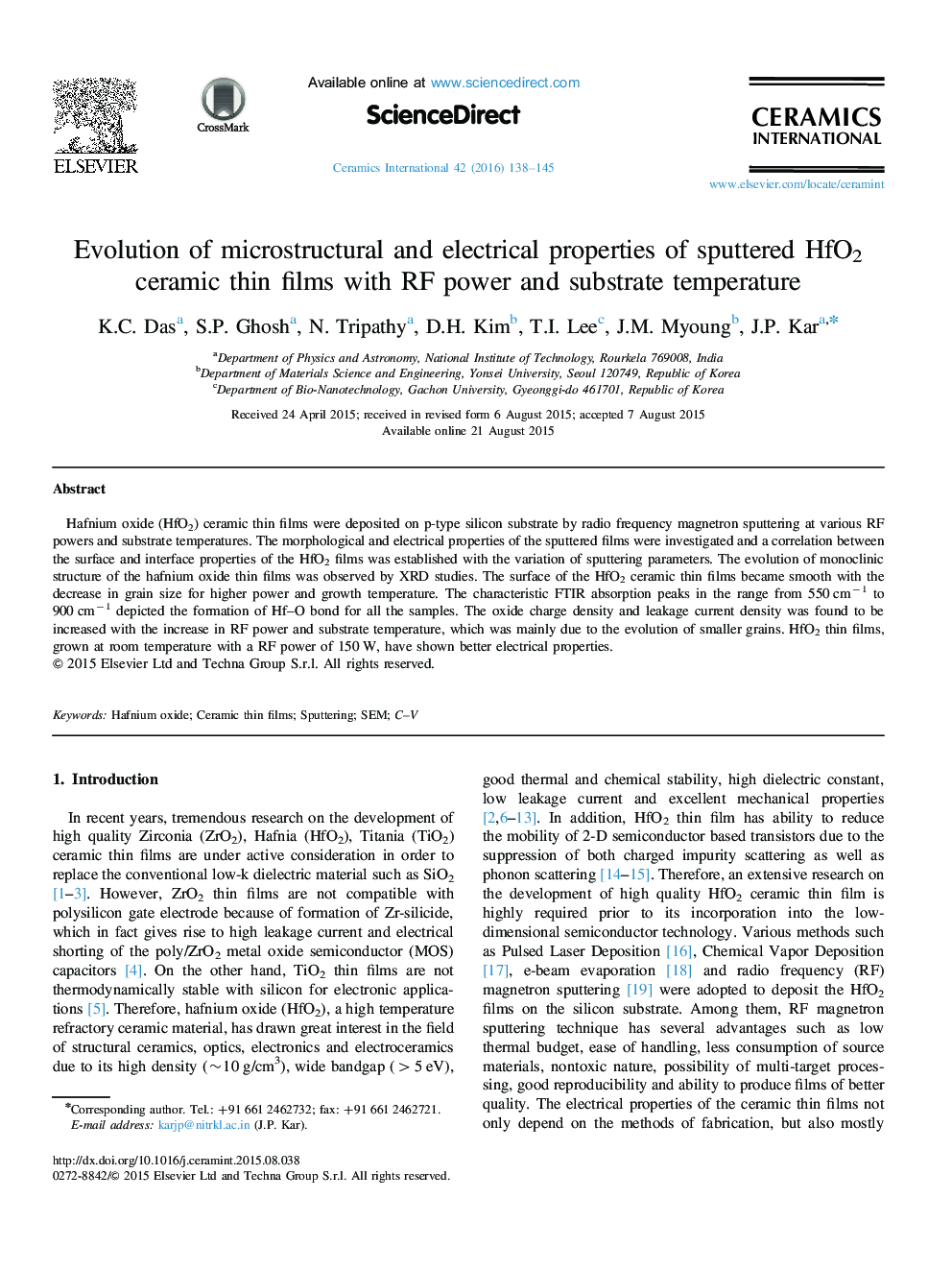 Evolution of microstructural and electrical properties of sputtered HfO2 ceramic thin films with RF power and substrate temperature