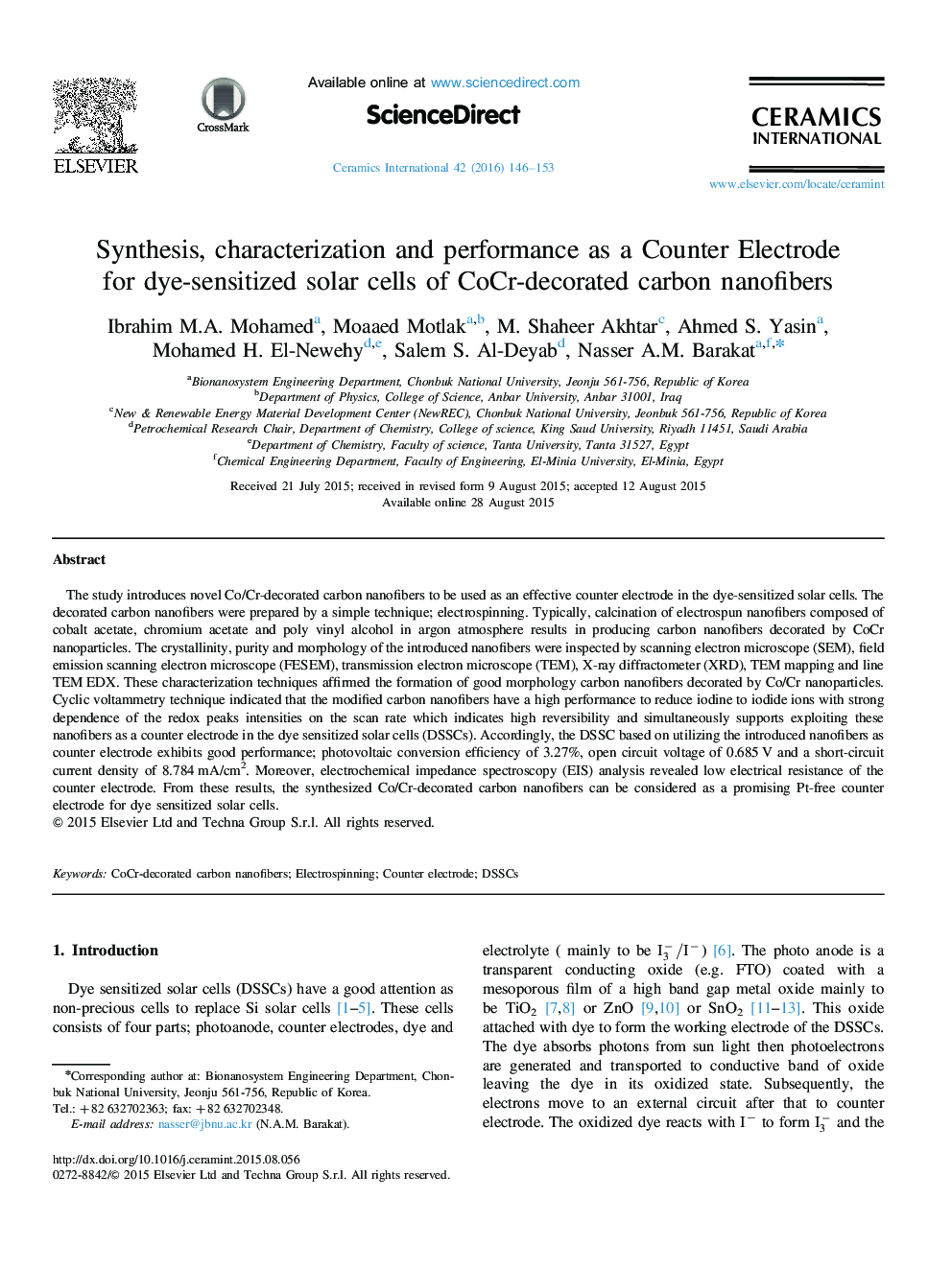 Synthesis, characterization and performance as a Counter Electrode for dye-sensitized solar cells of CoCr-decorated carbon nanofibers