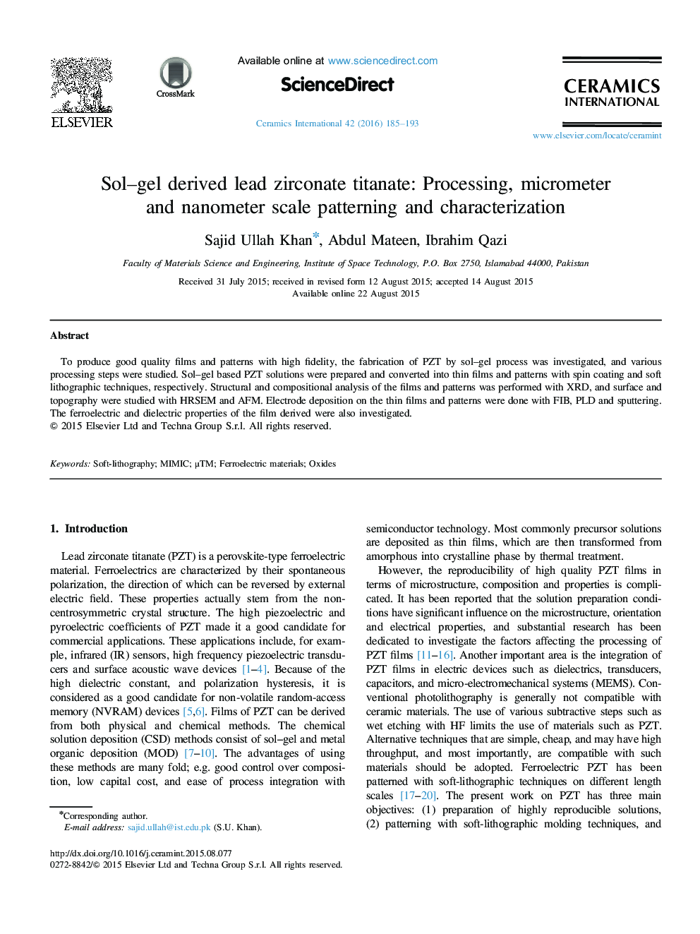 Sol-gel derived lead zirconate titanate: Processing, micrometer and nanometer scale patterning and characterization