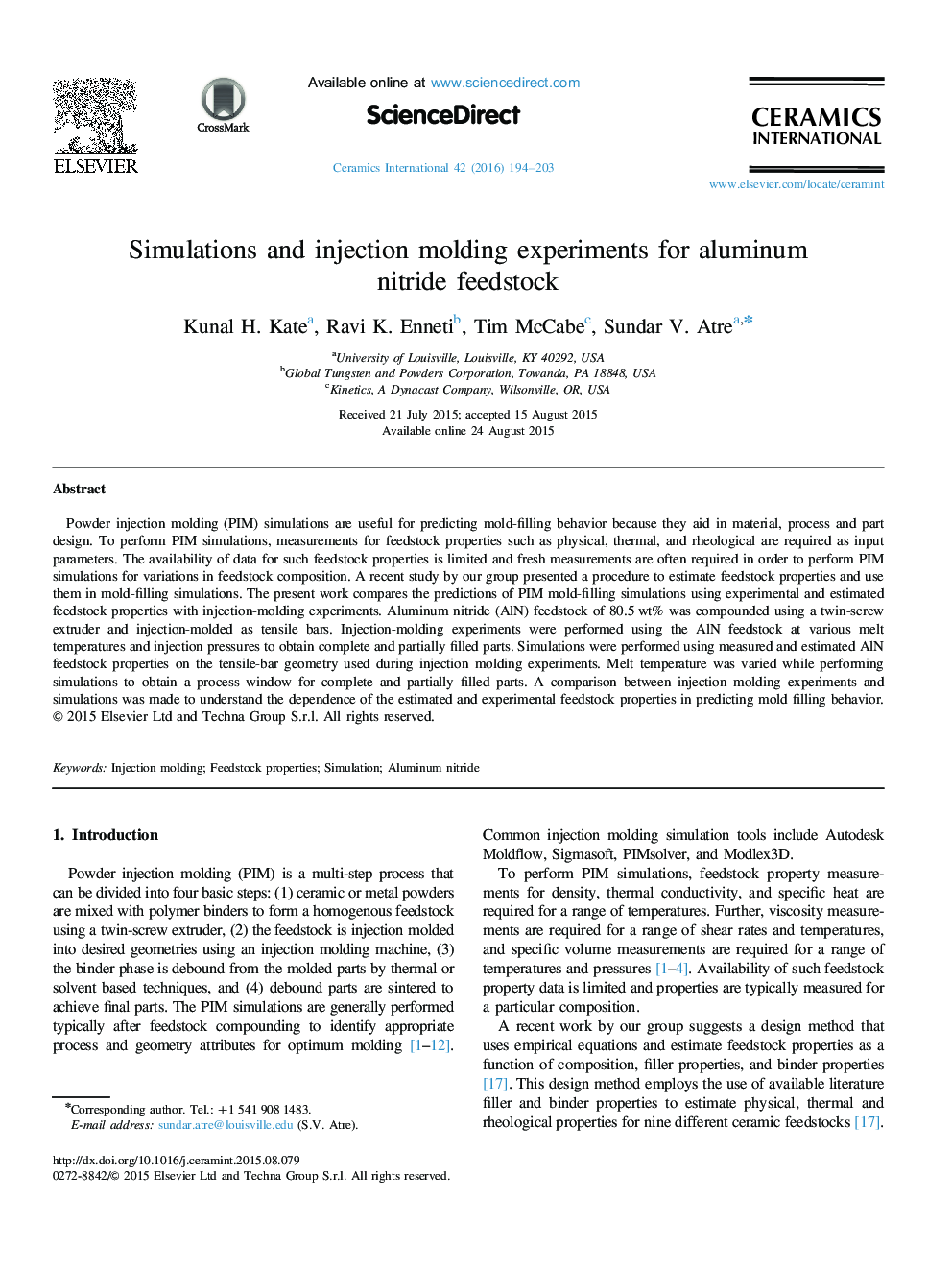 Simulations and injection molding experiments for aluminum nitride feedstock