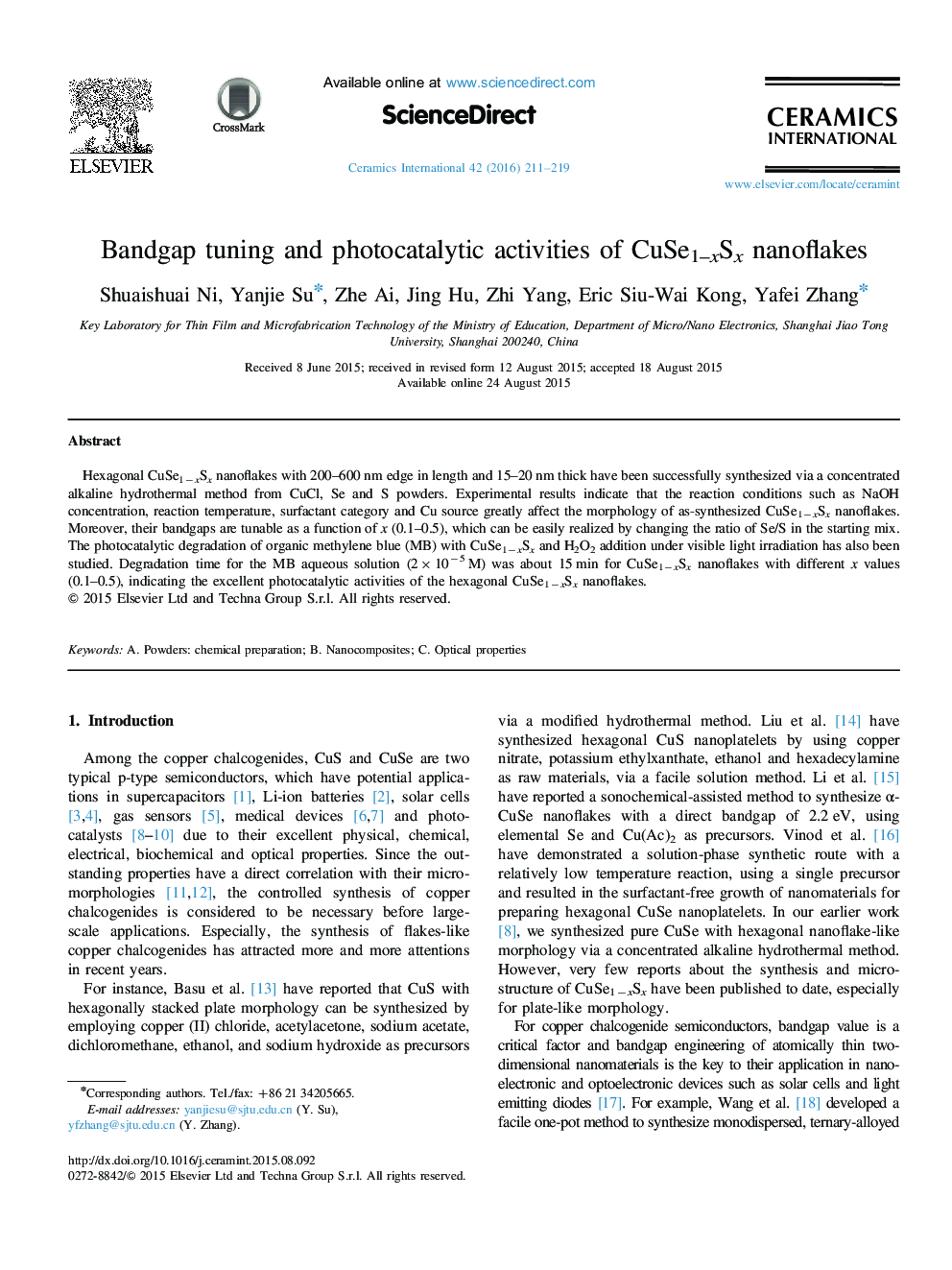 Bandgap tuning and photocatalytic activities of CuSe1–xSx nanoflakes