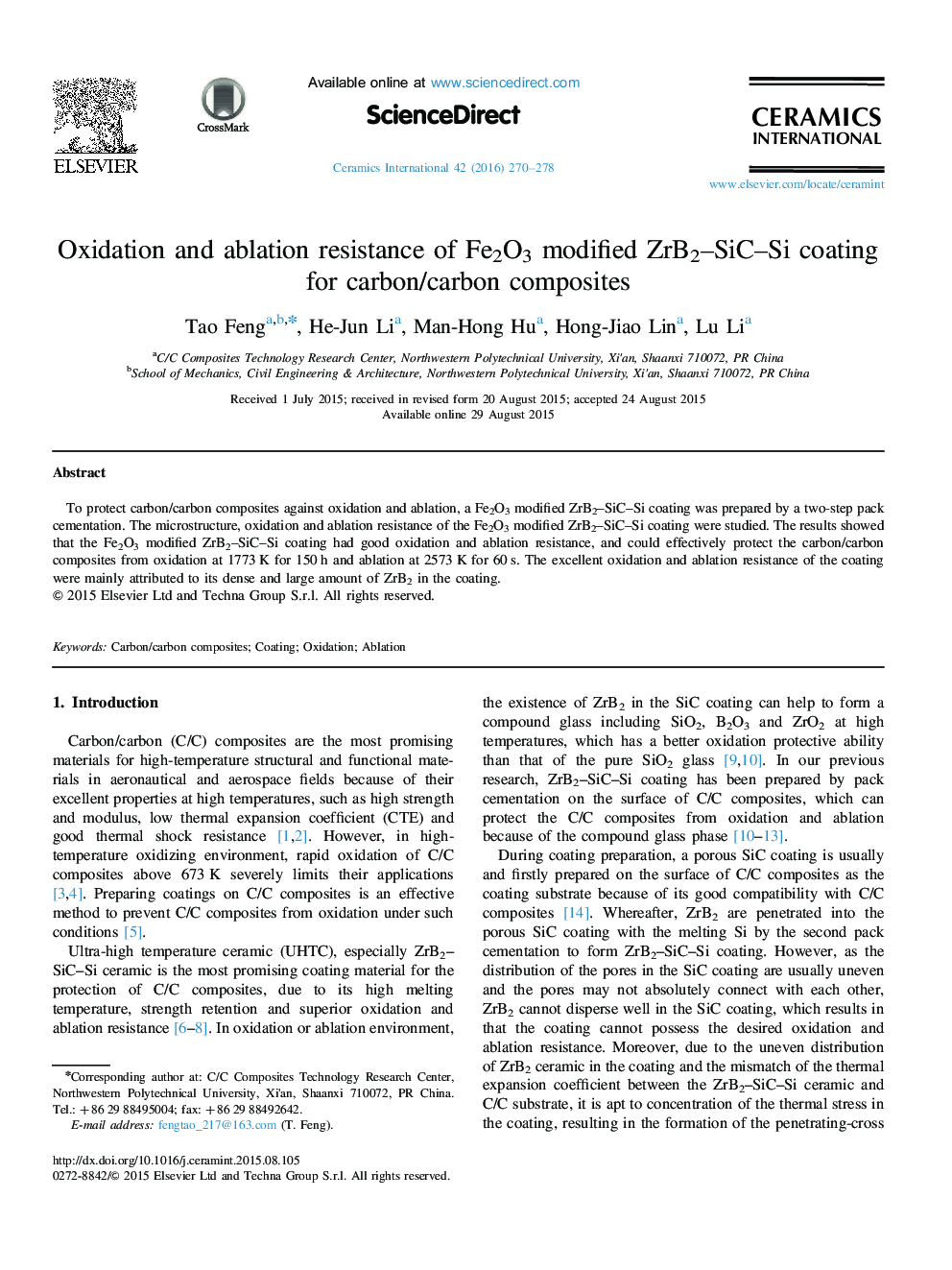 Oxidation and ablation resistance of Fe2O3 modified ZrB2–SiC–Si coating for carbon/carbon composites