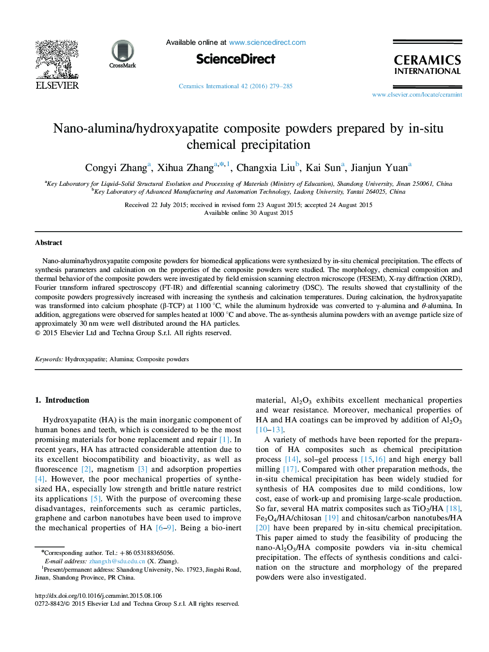 Nano-alumina/hydroxyapatite composite powders prepared by in-situ chemical precipitation