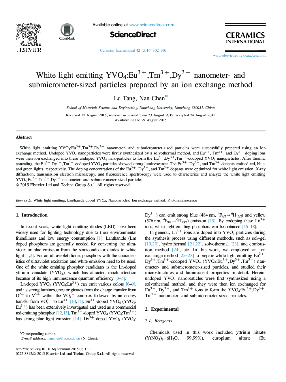 White light emitting YVO4:Eu3+,Tm3+,Dy3+ nanometer- and submicrometer-sized particles prepared by an ion exchange method