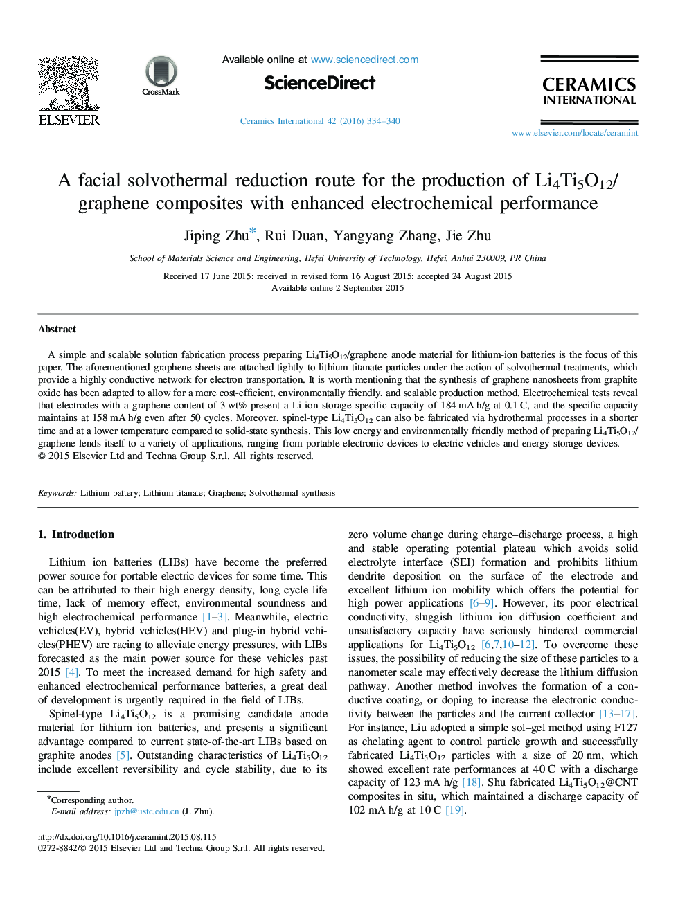 A facial solvothermal reduction route for the production of Li4Ti5O12/graphene composites with enhanced electrochemical performance