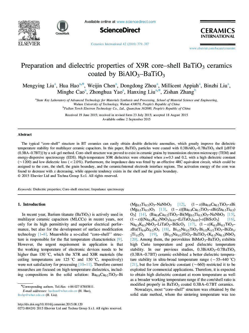 Preparation and dielectric properties of X9R core–shell BaTiO3 ceramics coated by BiAlO3–BaTiO3