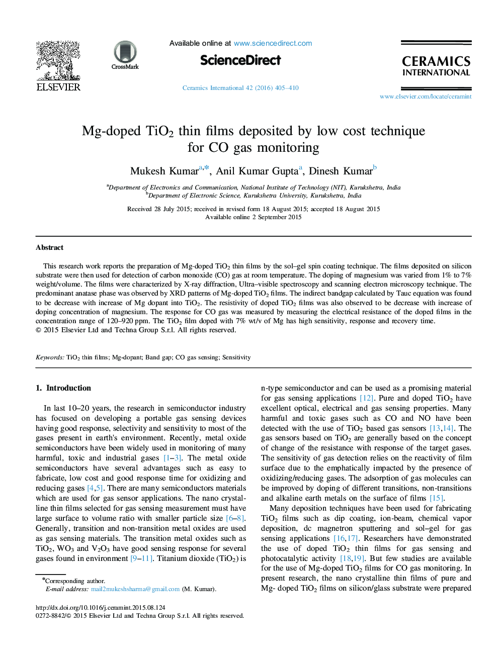 Mg-doped TiO2 thin films deposited by low cost technique for CO gas monitoring