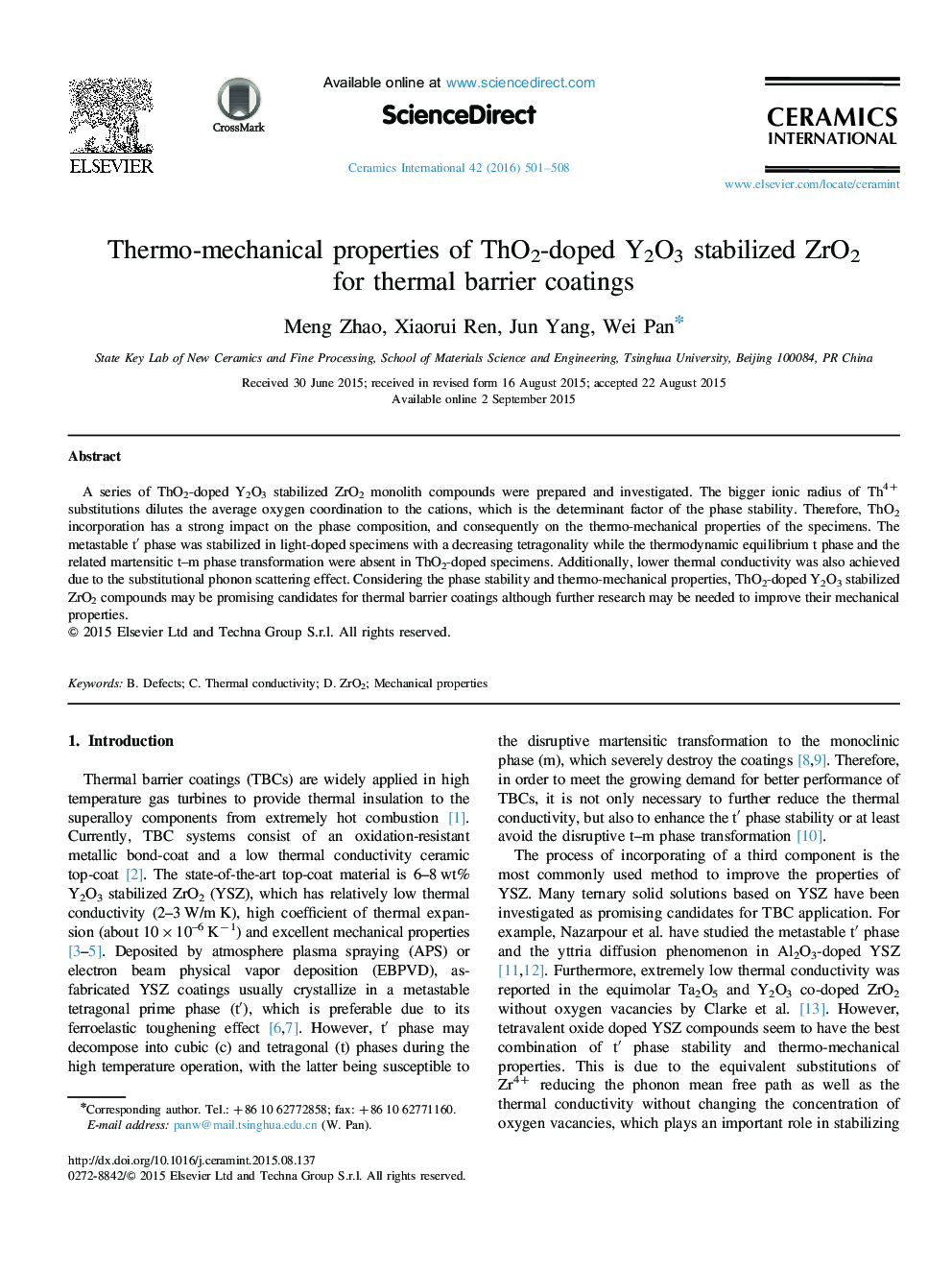 Thermo-mechanical properties of ThO2-doped Y2O3 stabilized ZrO2 for thermal barrier coatings