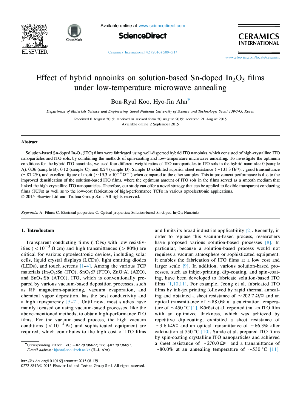 Effect of hybrid nanoinks on solution-based Sn-doped In2O3 films under low-temperature microwave annealing