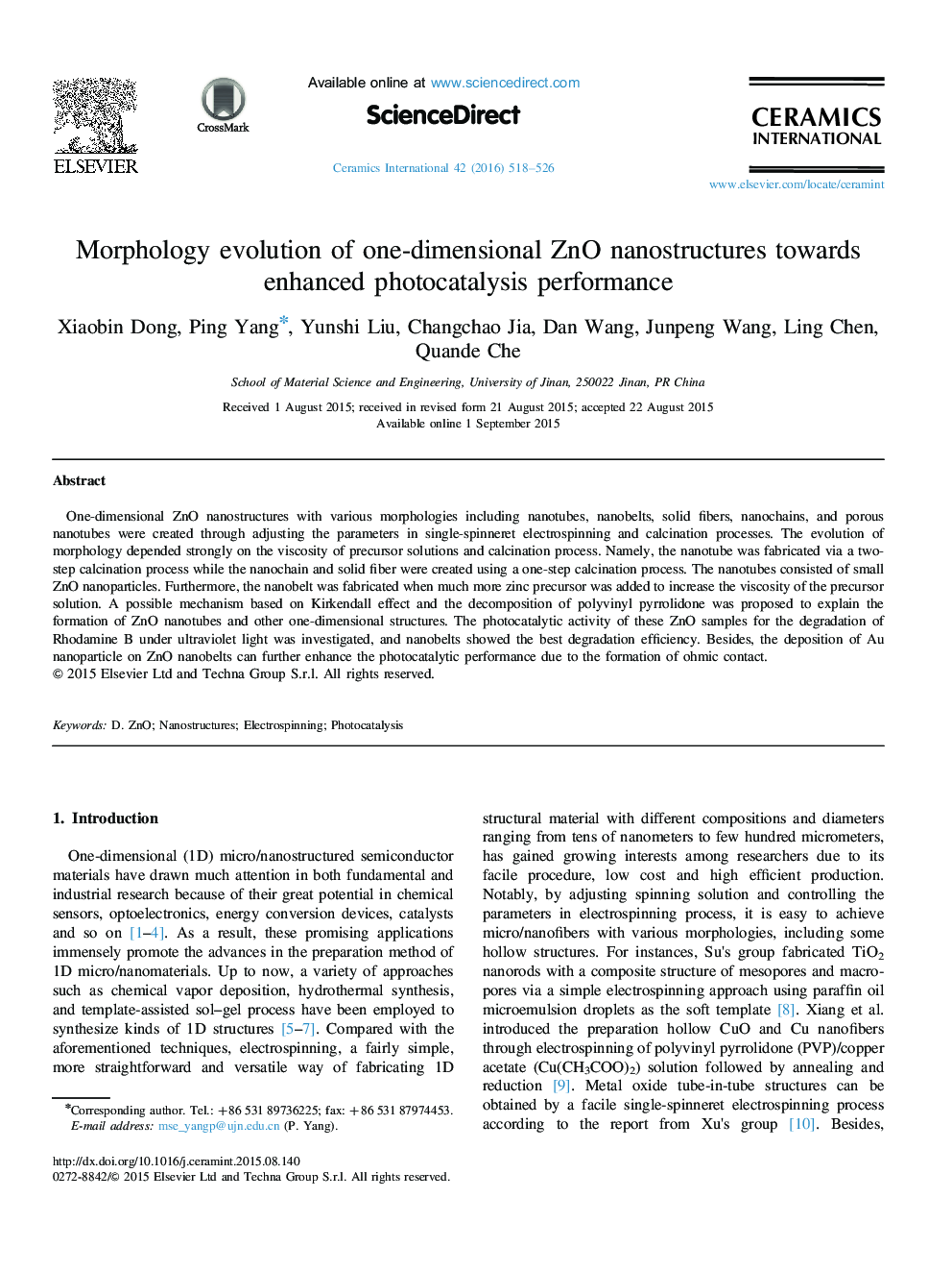Morphology evolution of one-dimensional ZnO nanostructures towards enhanced photocatalysis performance