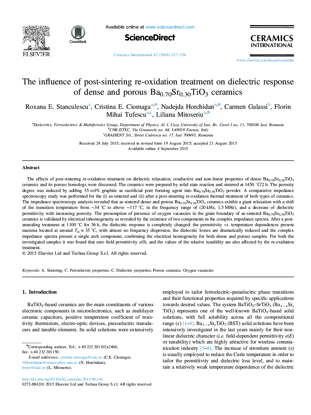 The influence of post-sintering re-oxidation treatment on dielectric response of dense and porous Ba0.70Sr0.30TiO3 ceramics