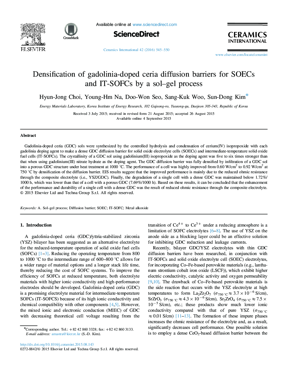 Densification of gadolinia-doped ceria diffusion barriers for SOECs and IT-SOFCs by a sol–gel process