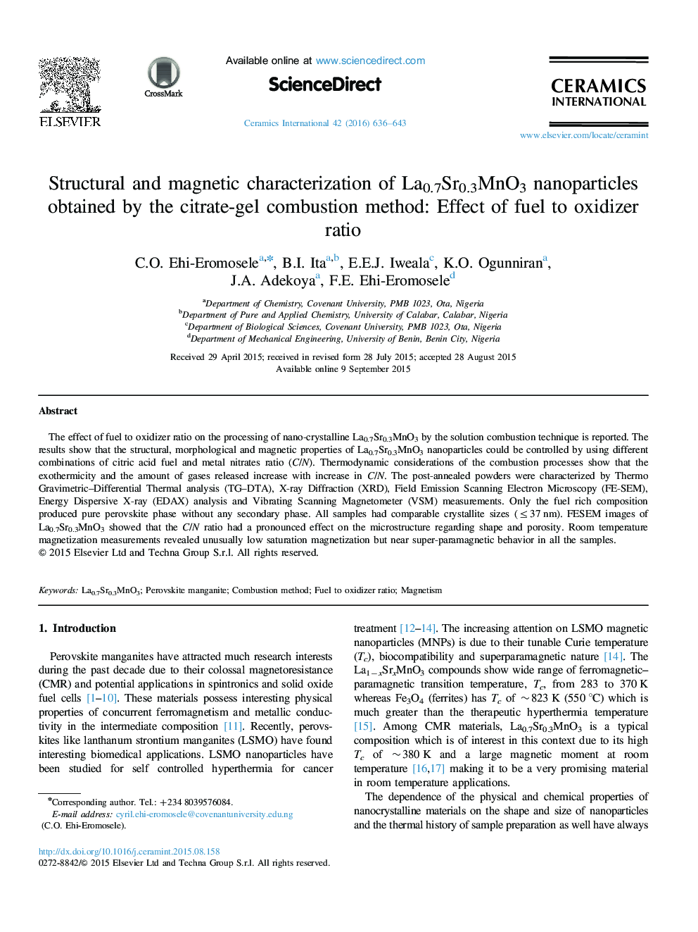 Structural and magnetic characterization of La0.7Sr0.3MnO3 nanoparticles obtained by the citrate-gel combustion method: Effect of fuel to oxidizer ratio