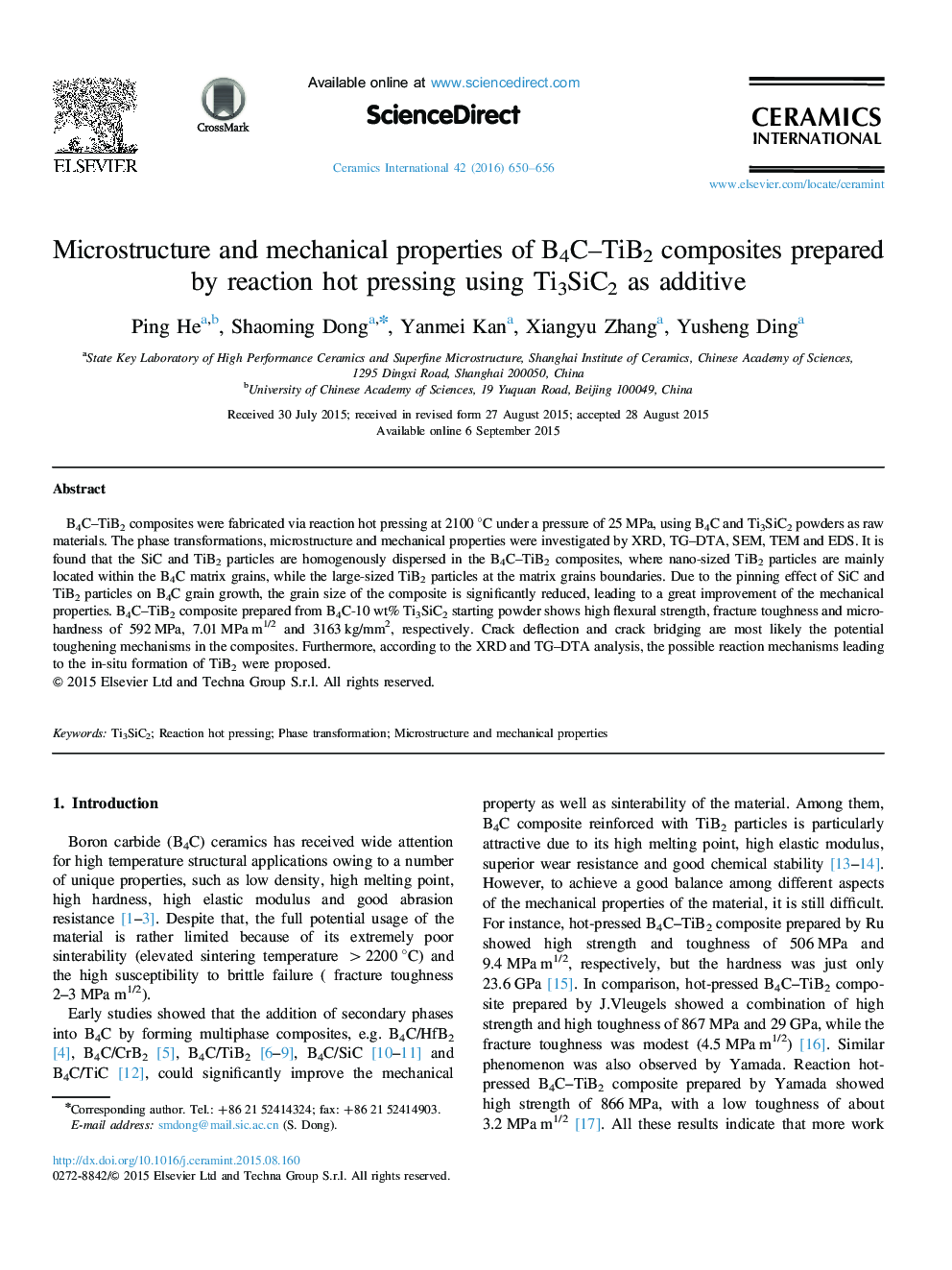 Microstructure and mechanical properties of B4C–TiB2 composites prepared by reaction hot pressing using Ti3SiC2 as additive