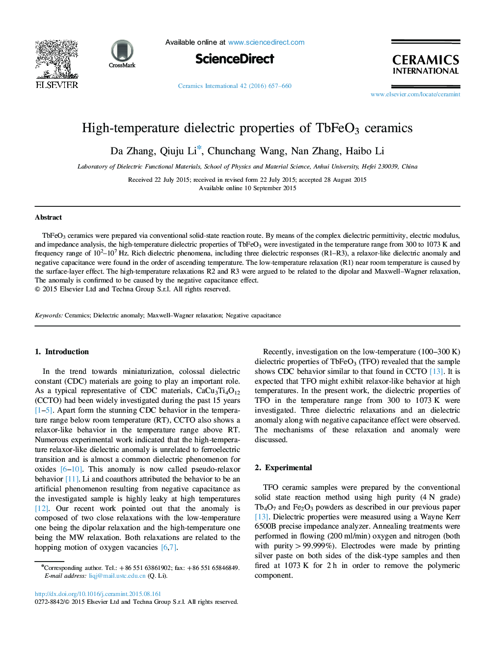 High-temperature dielectric properties of TbFeO3 ceramics
