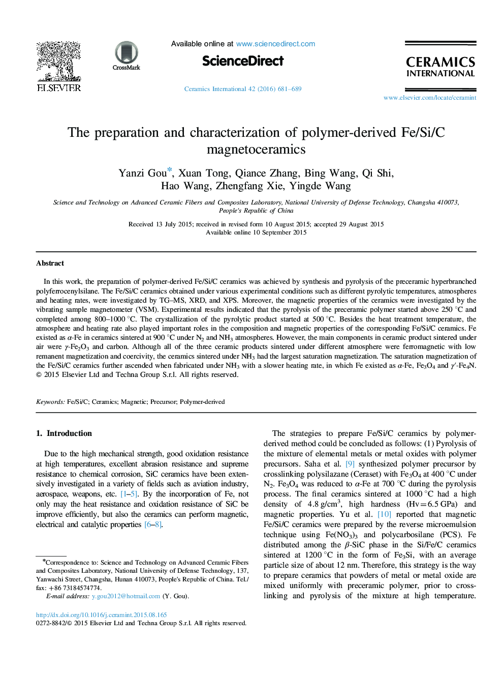 The preparation and characterization of polymer-derived Fe/Si/C magnetoceramics