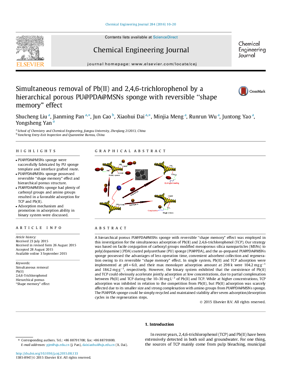 عکس صفحه اول مقاله: Simultaneous removal of Pb(II) and 2,4,6-trichlorophenol by a hierarchical porous PU@PDA@MSNs sponge with reversible “shape memory” effect Simultaneous removal of Pb(II) and 2,4,6-trichlorophenol by a hierarchical porous PU@PDA@MSNs sponge with reversible “shape memory” effect