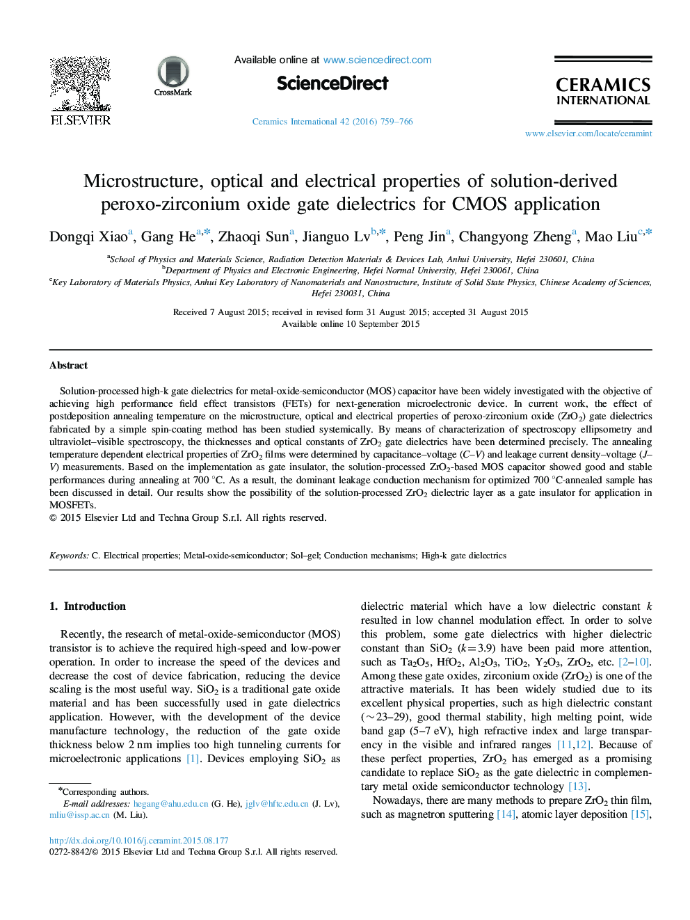 Microstructure, optical and electrical properties of solution-derived peroxo-zirconium oxide gate dielectrics for CMOS application