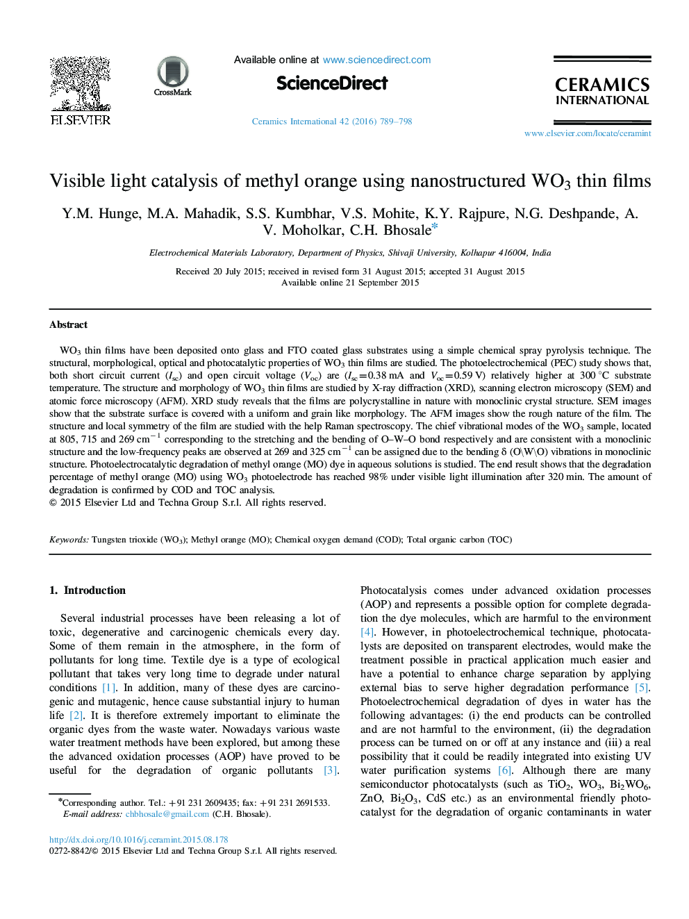 Visible light catalysis of methyl orange using nanostructured WO3 thin films