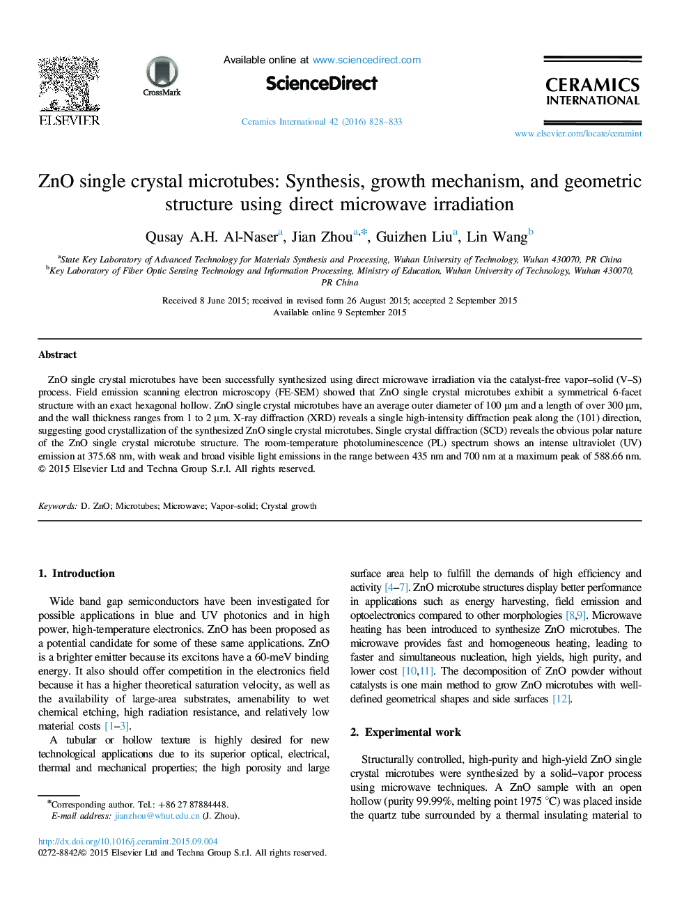 ZnO single crystal microtubes: Synthesis, growth mechanism, and geometric structure using direct microwave irradiation