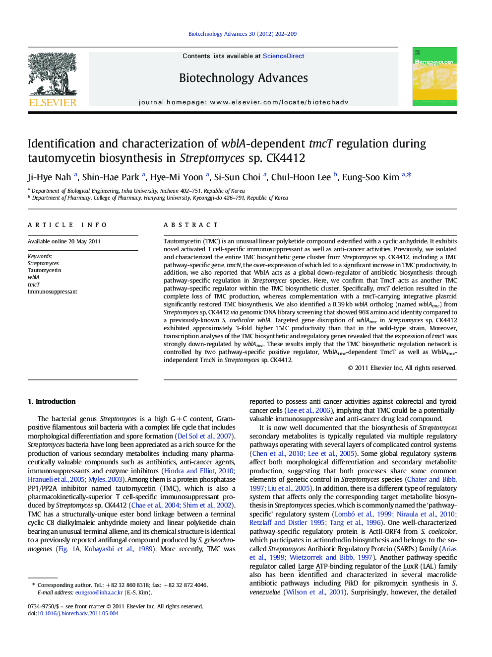 Identification and characterization of wblA-dependent tmcT regulation during tautomycetin biosynthesis in Streptomyces sp. CK4412