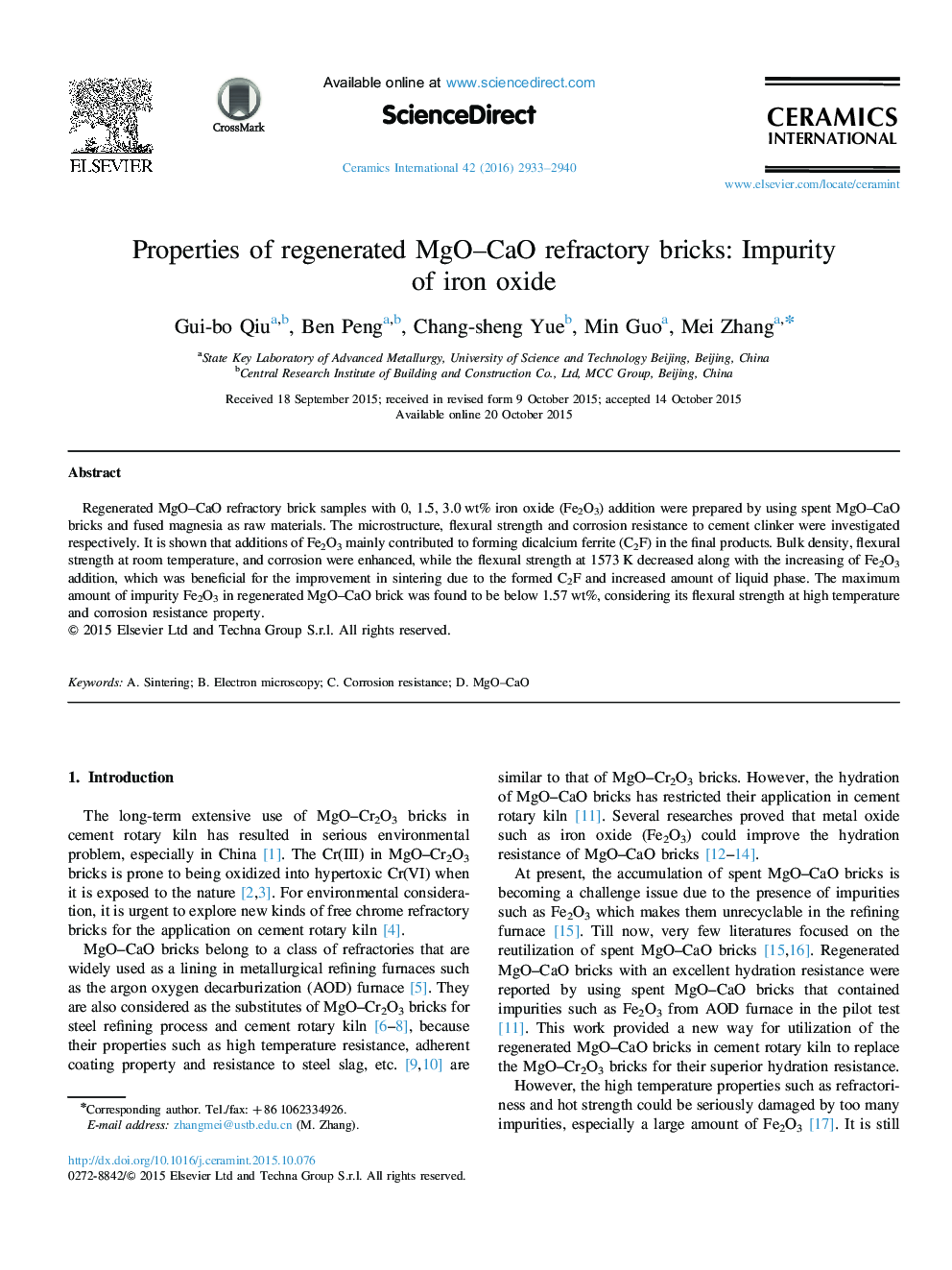 Properties of regenerated MgO–CaO refractory bricks: Impurity of iron oxide