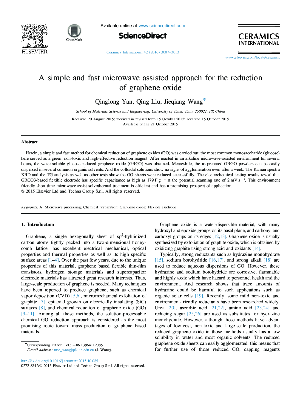 A simple and fast microwave assisted approach for the reduction of graphene oxide