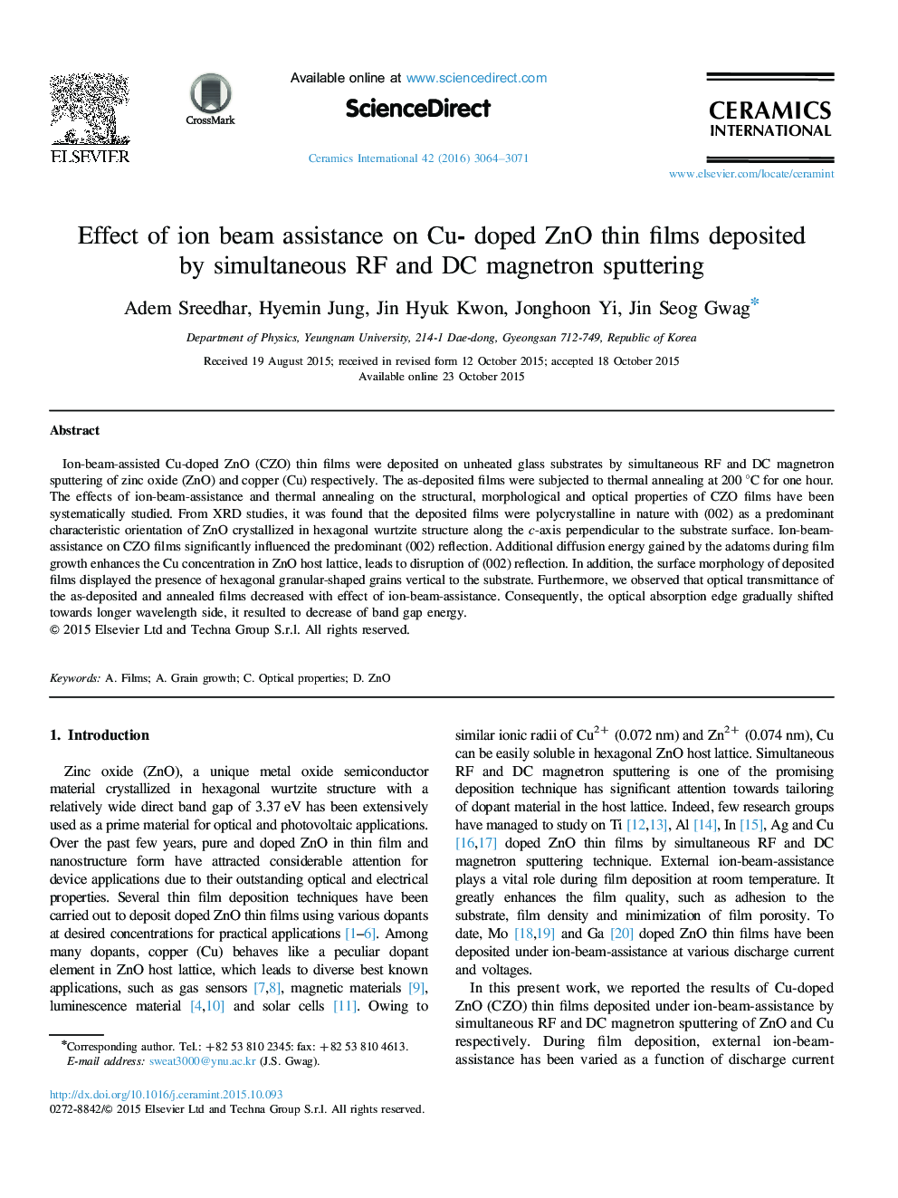 Effect of ion beam assistance on Cu- doped ZnO thin films deposited by simultaneous RF and DC magnetron sputtering