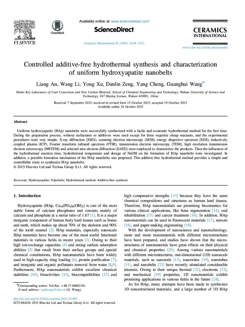 Controlled additive-free hydrothermal synthesis and characterization of uniform hydroxyapatite nanobelts