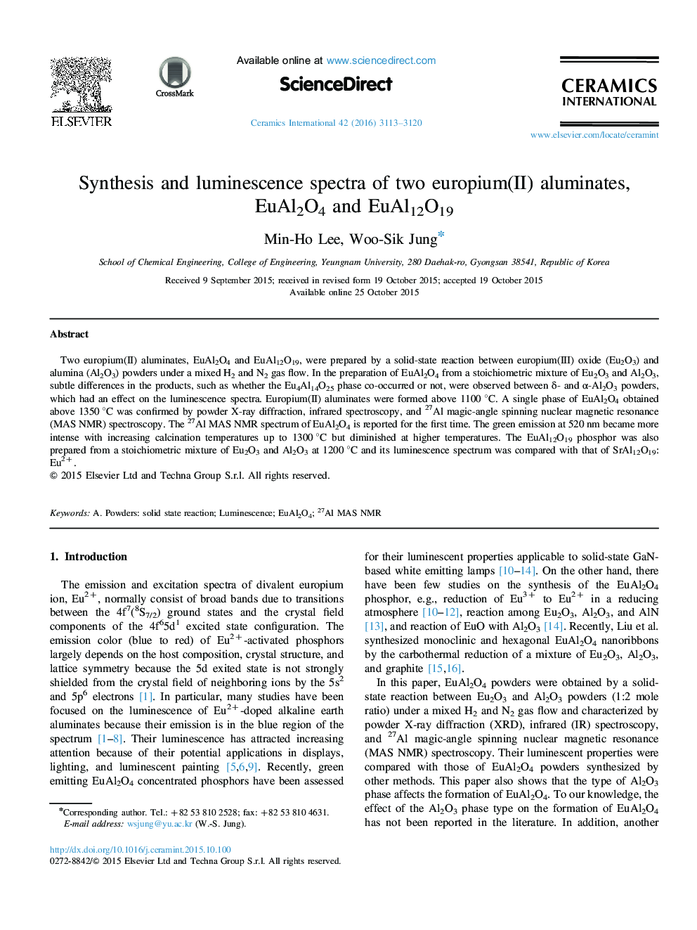 Synthesis and luminescence spectra of two europium(II) aluminates, EuAl2O4 and EuAl12O19