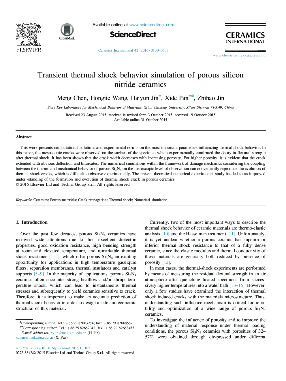 Transient thermal shock behavior simulation of porous silicon nitride ceramics