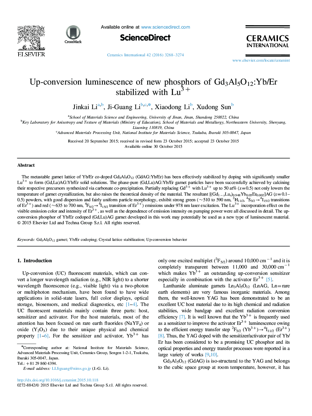 عکس صفحه اول مقاله: Up-conversion luminescence of new phosphors of Gd3Al5O12:Yb/Er stabilized with Lu3+ Up-conversion luminescence of new phosphors of Gd3Al5O12:Yb/Er stabilized with Lu3+