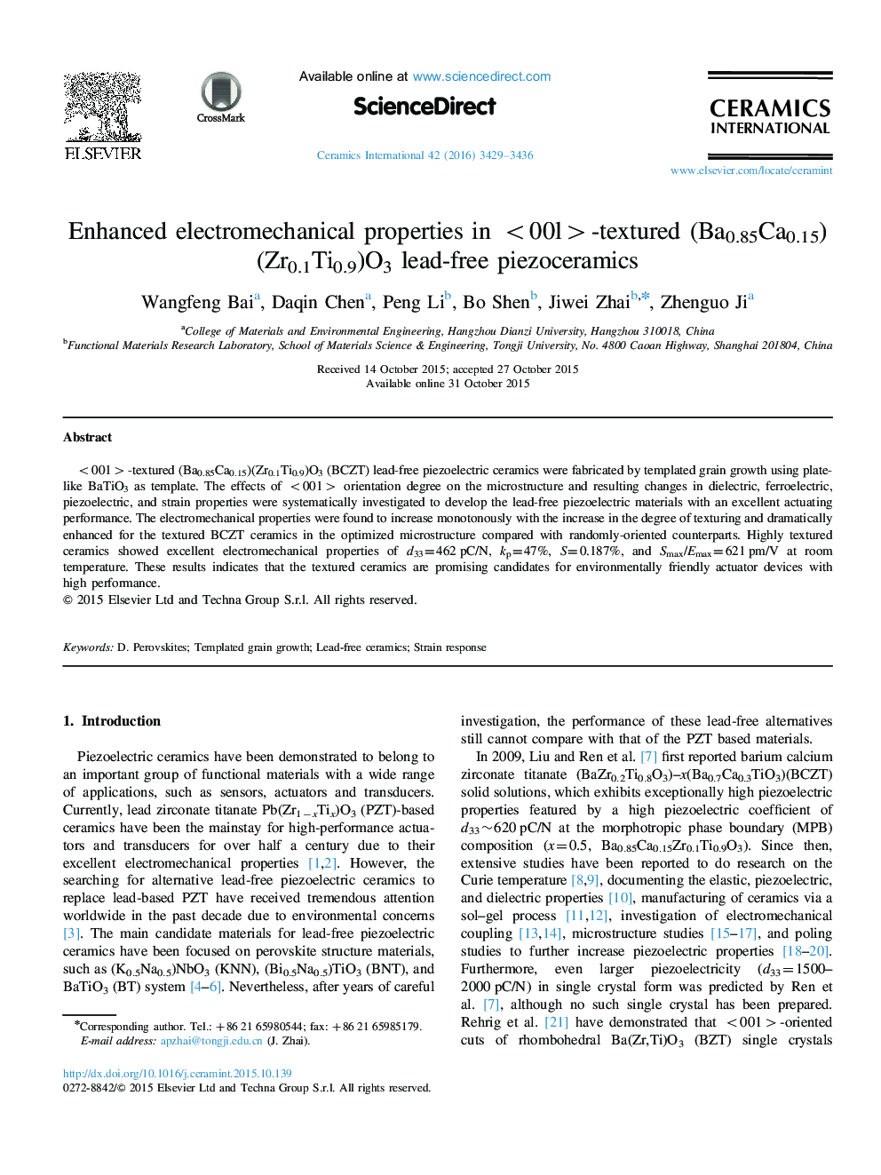 Enhanced electromechanical properties in <00l>-textured (Ba0.85Ca0.15)(Zr0.1Ti0.9)O3 lead-free piezoceramics