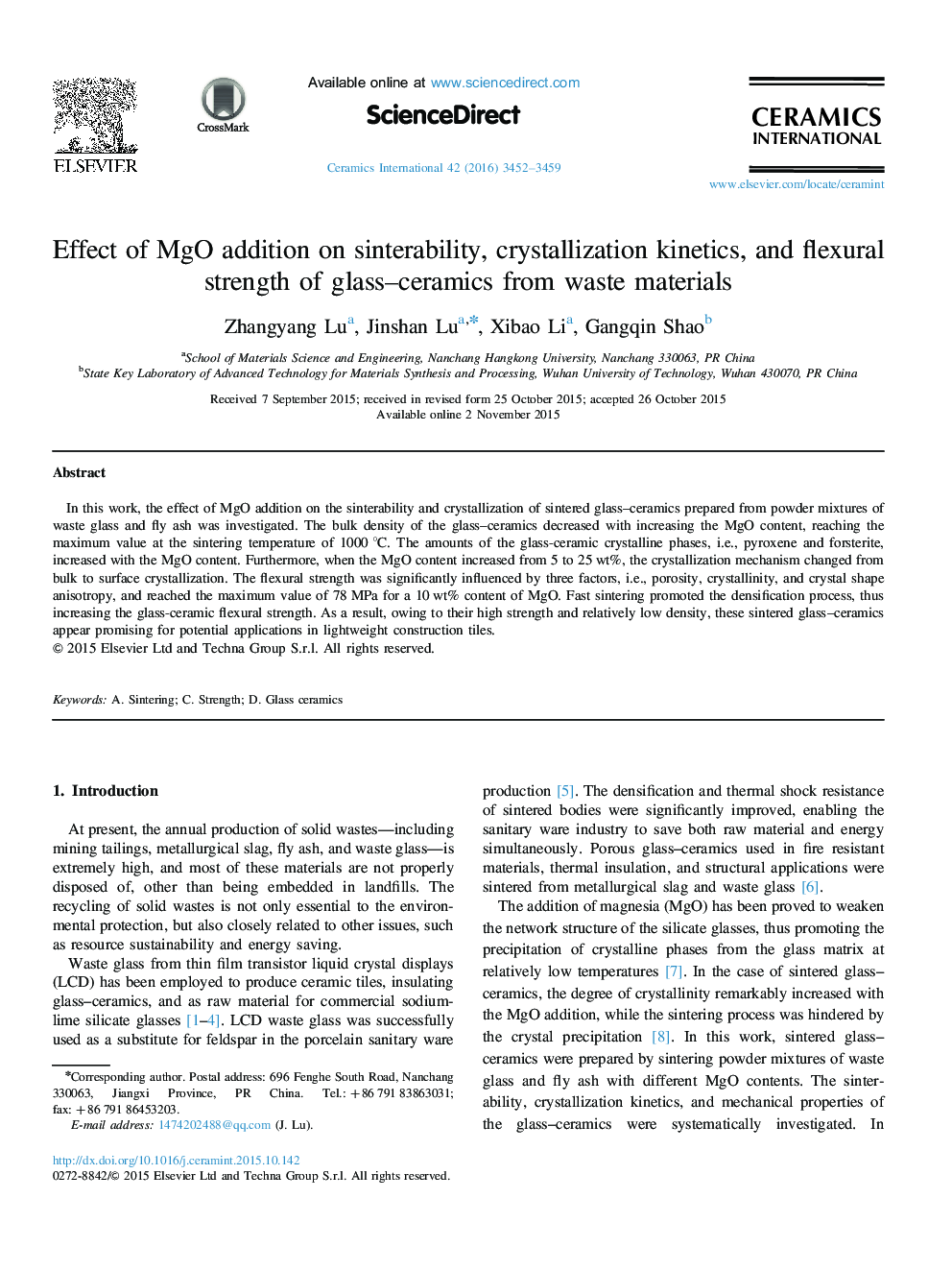 Effect of MgO addition on sinterability, crystallization kinetics, and flexural strength of glass–ceramics from waste materials