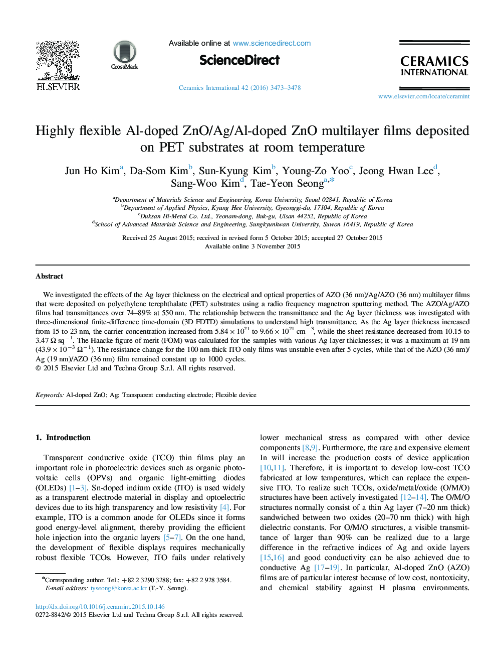 Highly flexible Al-doped ZnO/Ag/Al-doped ZnO multilayer films deposited on PET substrates at room temperature