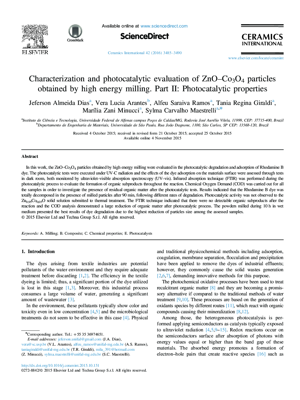 Characterization and photocatalytic evaluation of ZnO–Co3O4 particles obtained by high energy milling. Part II: Photocatalytic properties