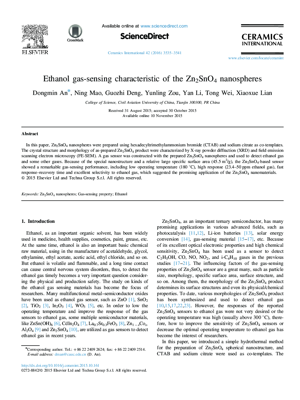 Ethanol gas-sensing characteristic of the Zn2SnO4 nanospheres