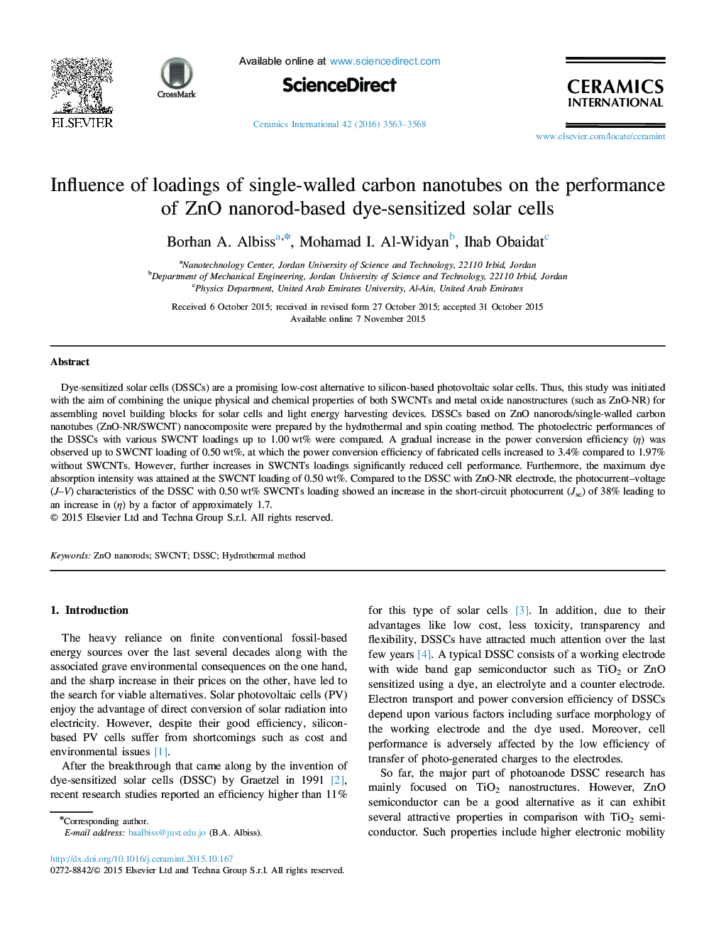 عکس صفحه اول مقاله: Influence of loadings of single-walled carbon nanotubes on the performance of ZnO nanorod-based dye-sensitized solar cells Influence of loadings of single-walled carbon nanotubes on the performance of ZnO nanorod-based dye-sensitized solar cells