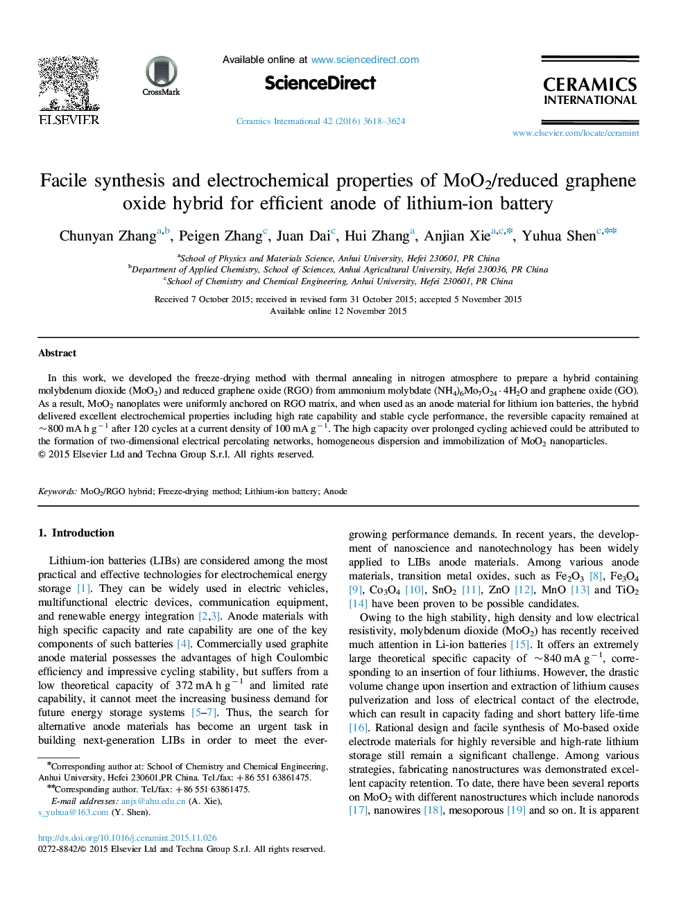 Facile synthesis and electrochemical properties of MoO2/reduced graphene oxide hybrid for efficient anode of lithium-ion battery