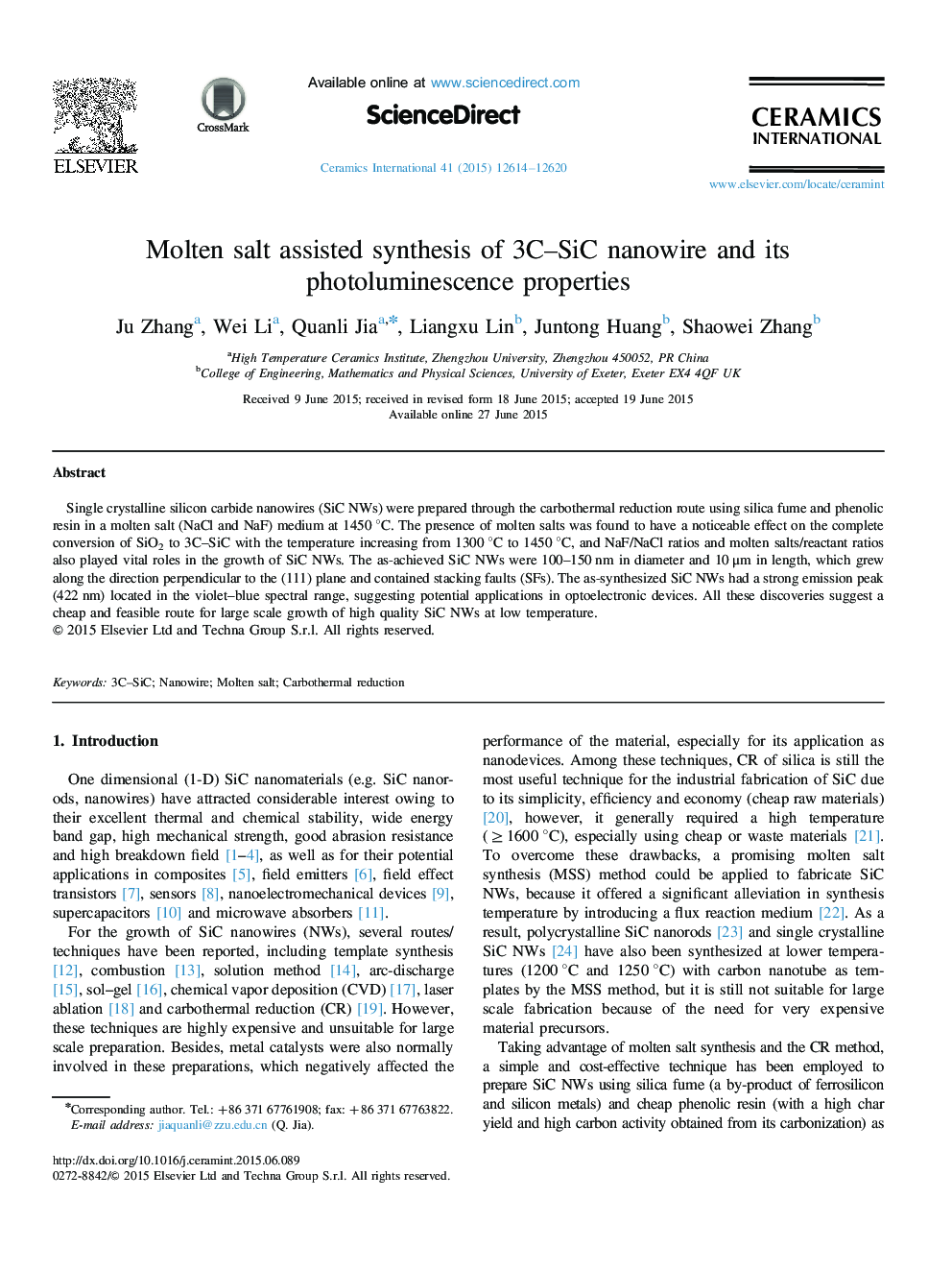 Molten salt assisted synthesis of 3C–SiC nanowire and its photoluminescence properties