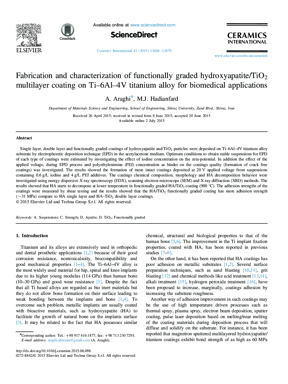 Fabrication and characterization of functionally graded hydroxyapatite/TiO2 multilayer coating on Ti–6Al–4V titanium alloy for biomedical applications