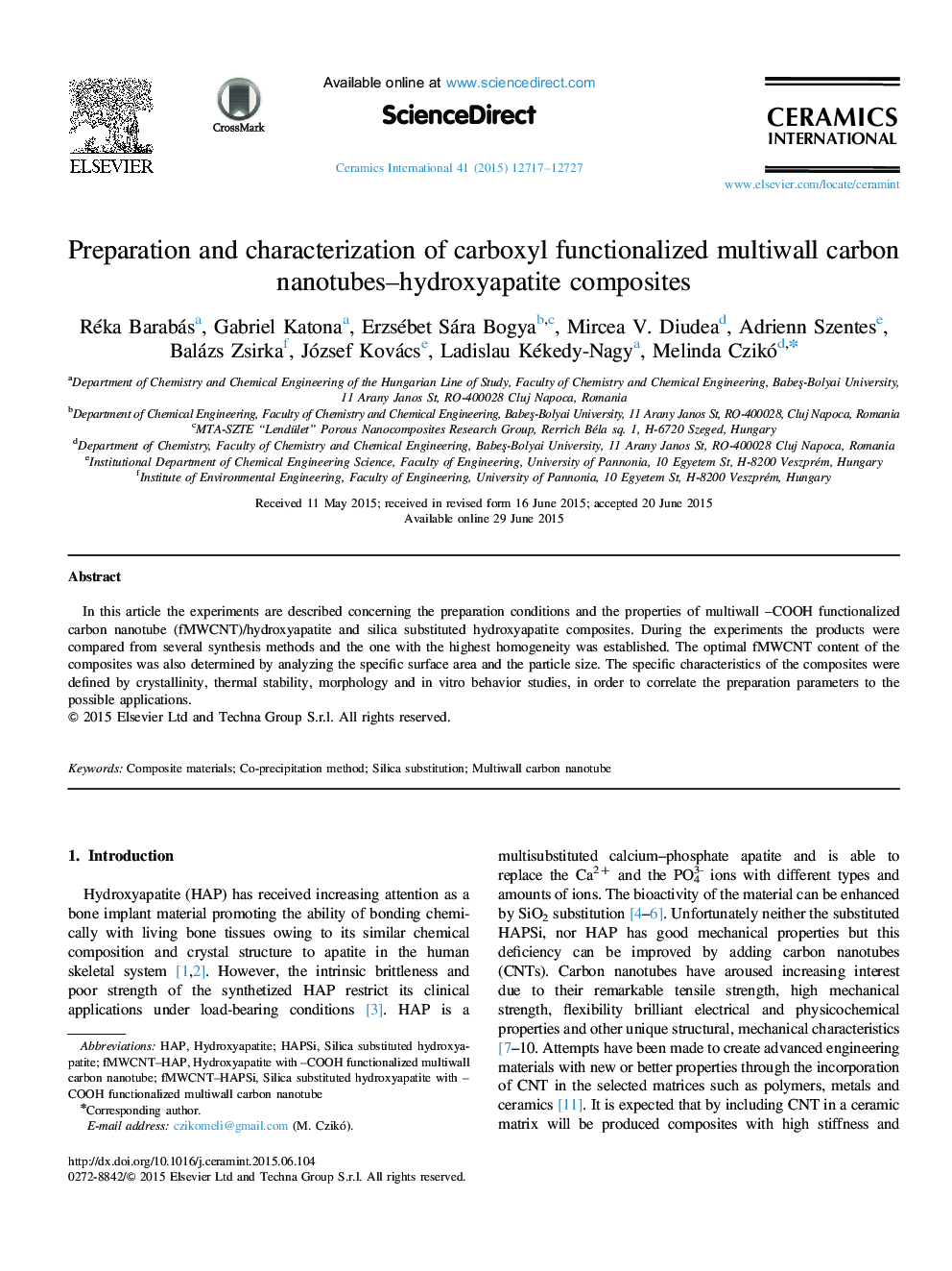 Preparation and characterization of carboxyl functionalized multiwall carbon nanotubes–hydroxyapatite composites