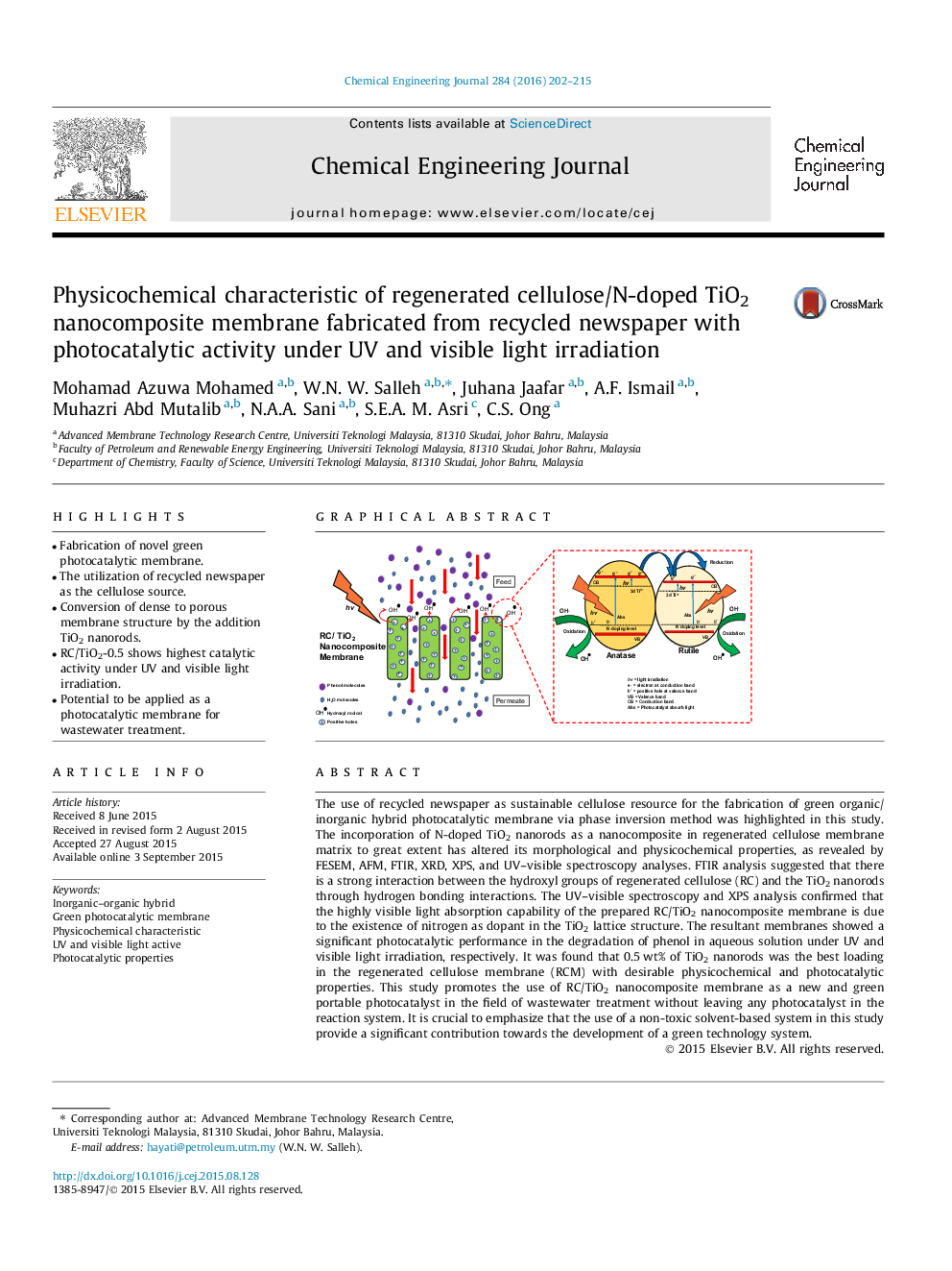 عکس صفحه اول مقاله: Physicochemical characteristic of regenerated cellulose/N-doped TiO2 nanocomposite membrane fabricated from recycled newspaper with photocatalytic activity under UV and visible light irradiation Physicochemical characteristic of regenerated cellulose/N-doped TiO2 nanocomposite membrane fabricated from recycled newspaper with photocatalytic activity under UV and visible light irradiation