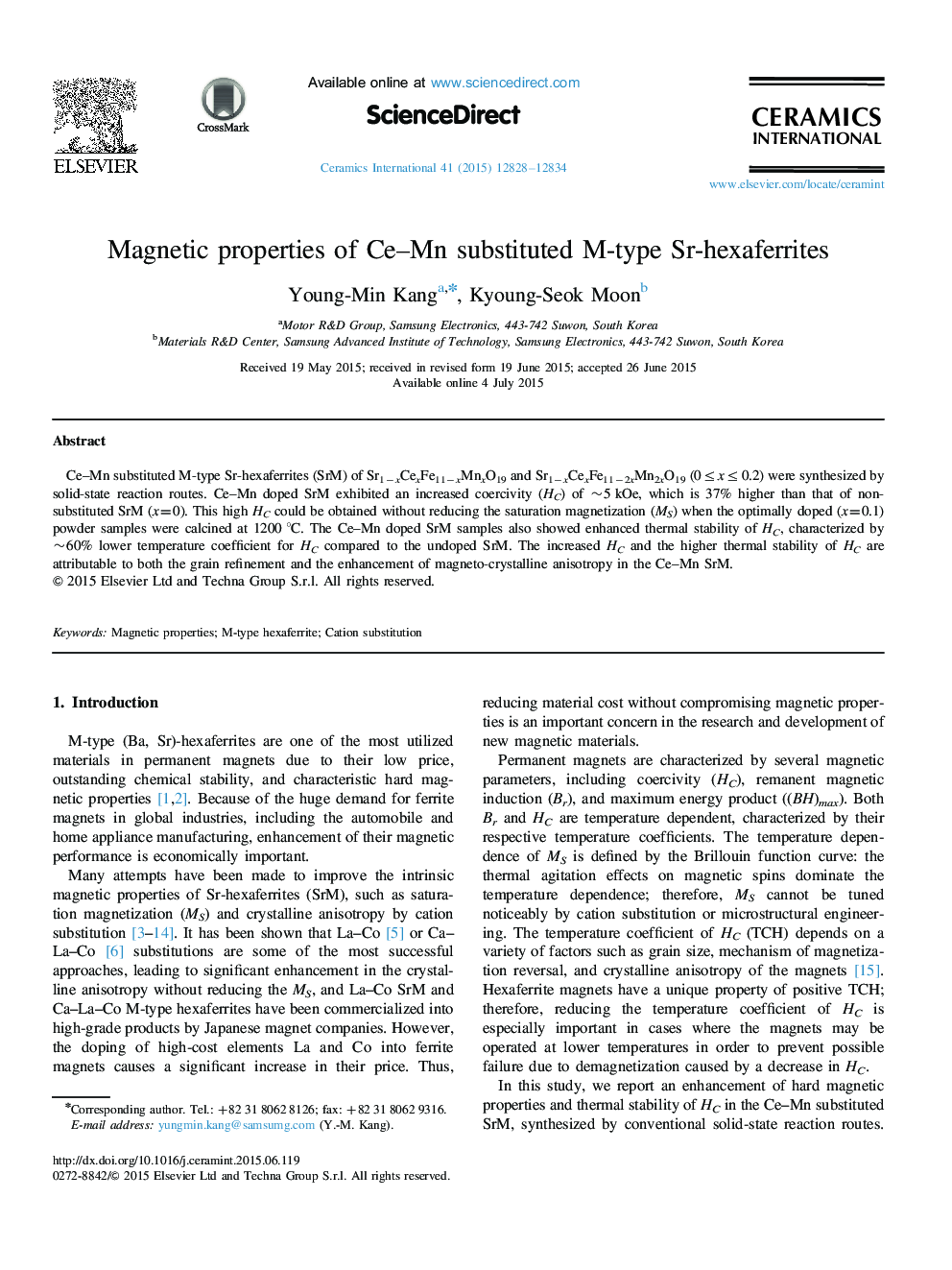 عکس صفحه اول مقاله: Magnetic properties of Ce–Mn substituted M-type Sr-hexaferrites Magnetic properties of Ce–Mn substituted M-type Sr-hexaferrites