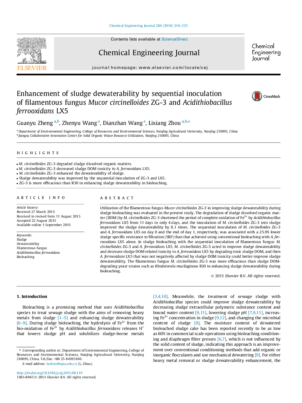 Enhancement of sludge dewaterability by sequential inoculation of filamentous fungus Mucor circinelloides ZG-3 and Acidithiobacillus ferrooxidans LX5