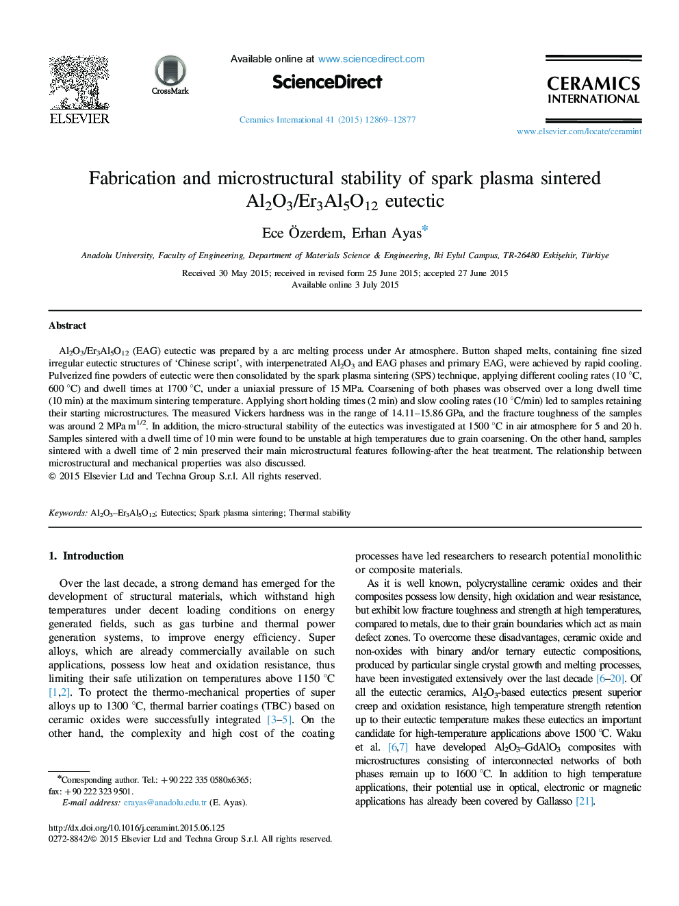 Fabrication and microstructural stability of spark plasma sintered Al2O3/Er3Al5O12 eutectic