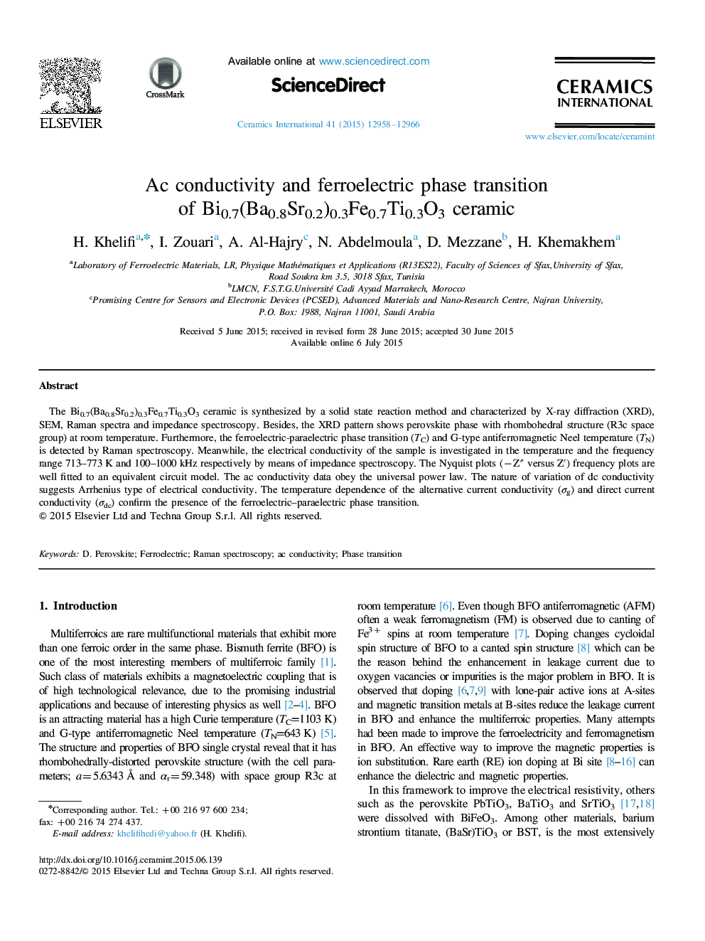 Ac conductivity and ferroelectric phase transition of Bi0.7(Ba0.8Sr0.2)0.3Fe0.7Ti0.3O3 ceramic